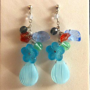 Flower Dangle Earrings Blue Art Glass Beaded Handmade USA 2.6”